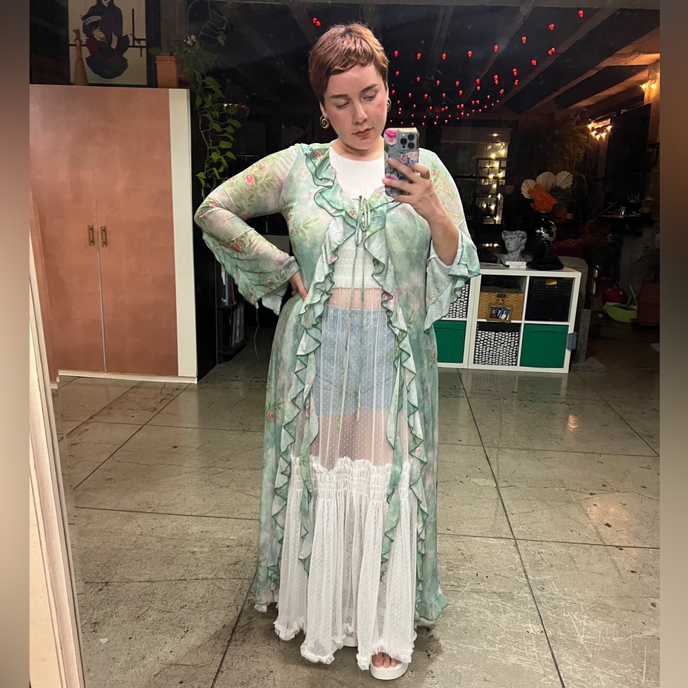 451B-GREEN. Floral Long Mesh Ruffled Cardigan - Picture 4 of 11